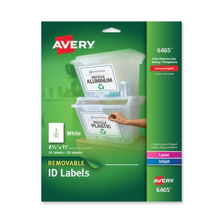 Avery Dennison Avery, REMOVABLE MULTI-USE LABELS, INKJET/LASER PRINTERS, 8.5 X 11, WHITE, 25PK 6465